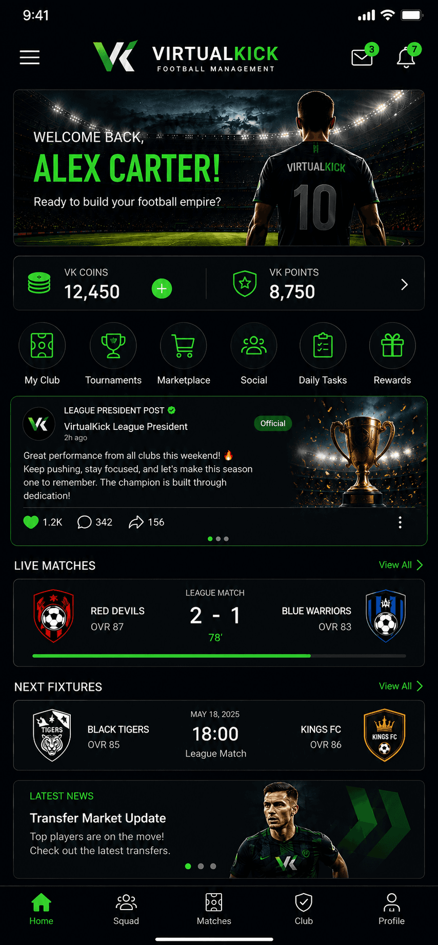 homepage of the virtualkick platform